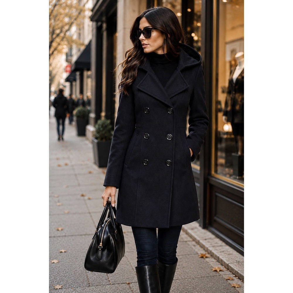 NWT Preston & York Womens Black Hooded Peacoat Wool Blend Double Breasted Size S